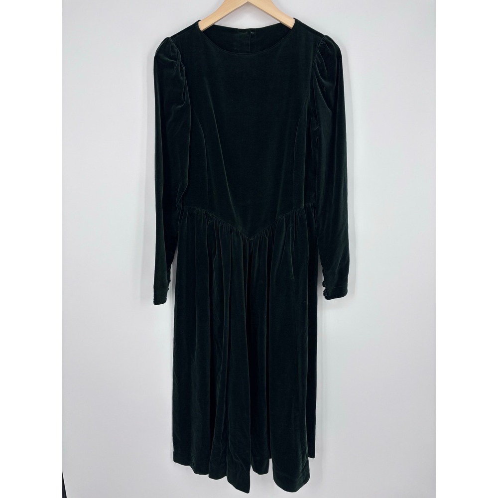 VTG 90s Laura Ashley Velvet Long Sleeve Midi Dress Women 10 Green Made In UK